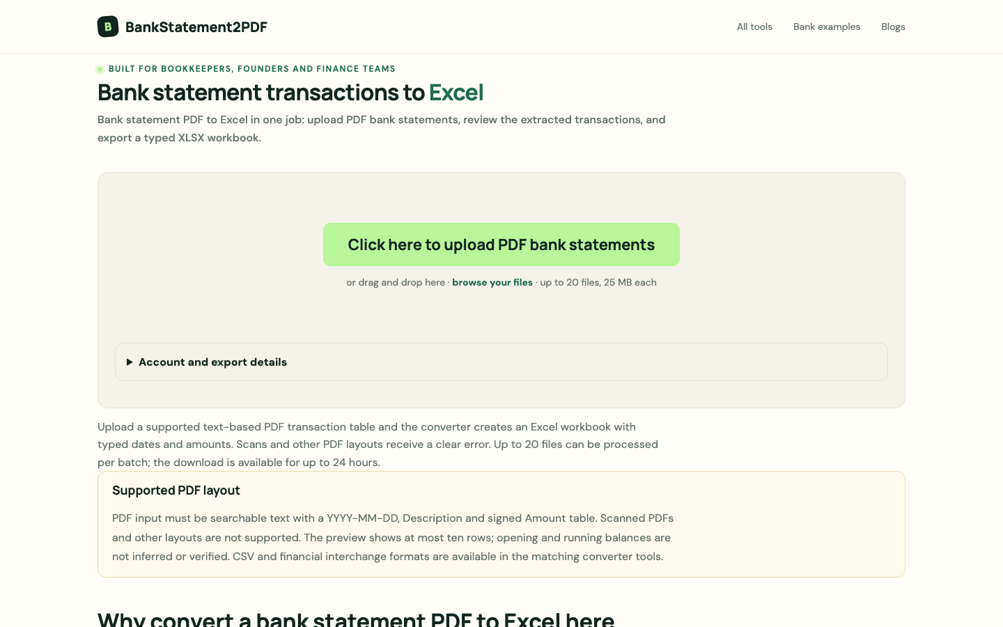 Bank statement to Excel converter upload screen for PDF bank statements