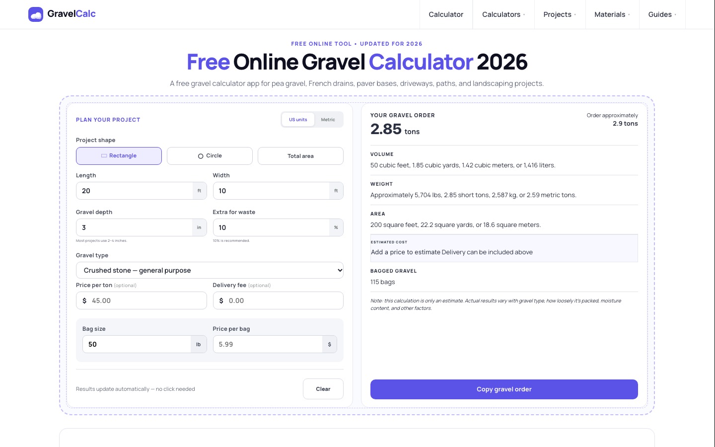 Driveway gravel calculator showing driveway size, gravel type and depth inputs