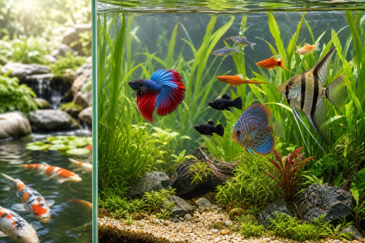 Planted community aquarium with black mollies, angelfish and other peaceful tropical fish